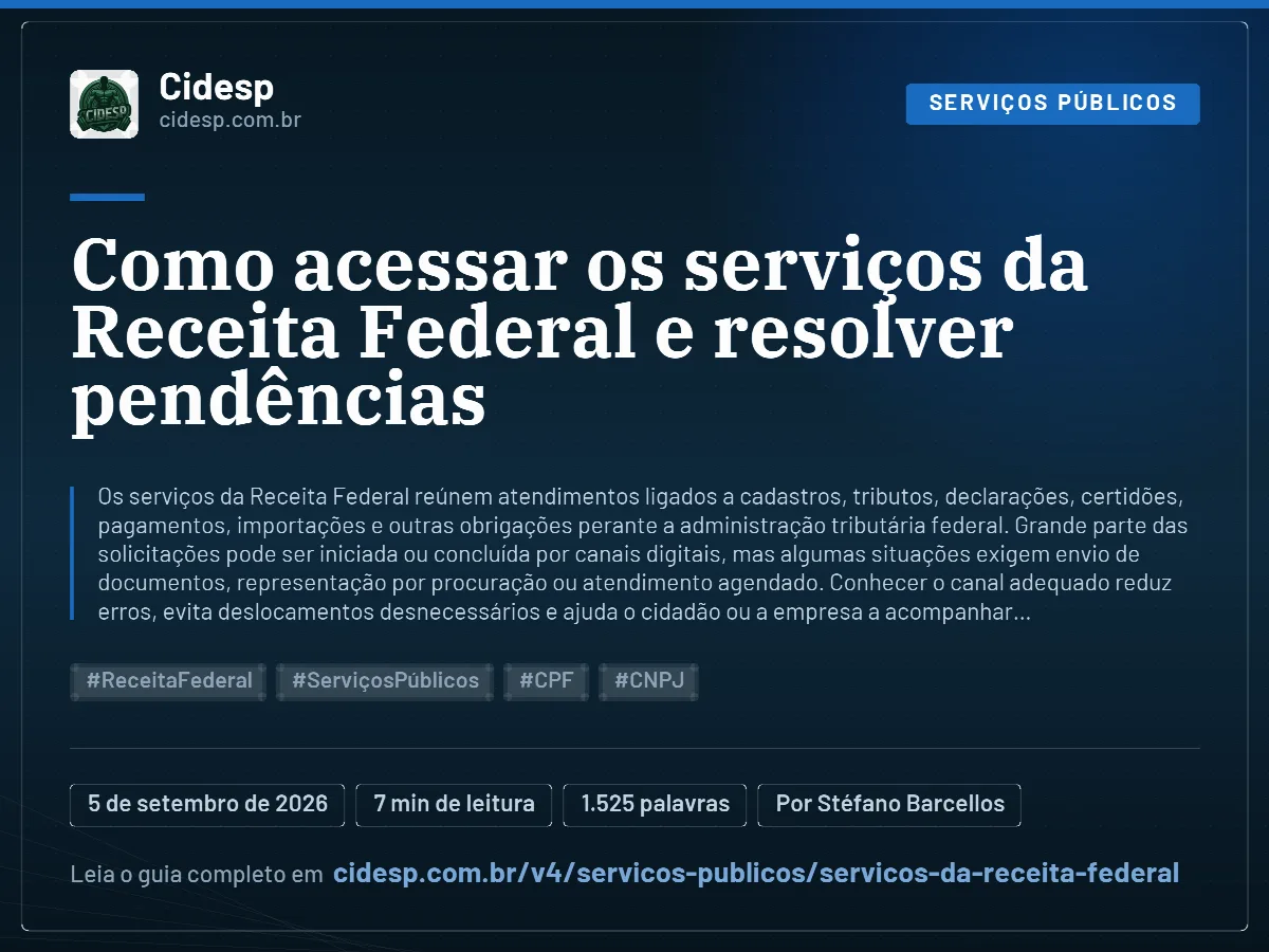 Cartão do artigo “Como acessar os serviços da Receita Federal e resolver pendências”, com resumo, data de publicação e endereço da página.