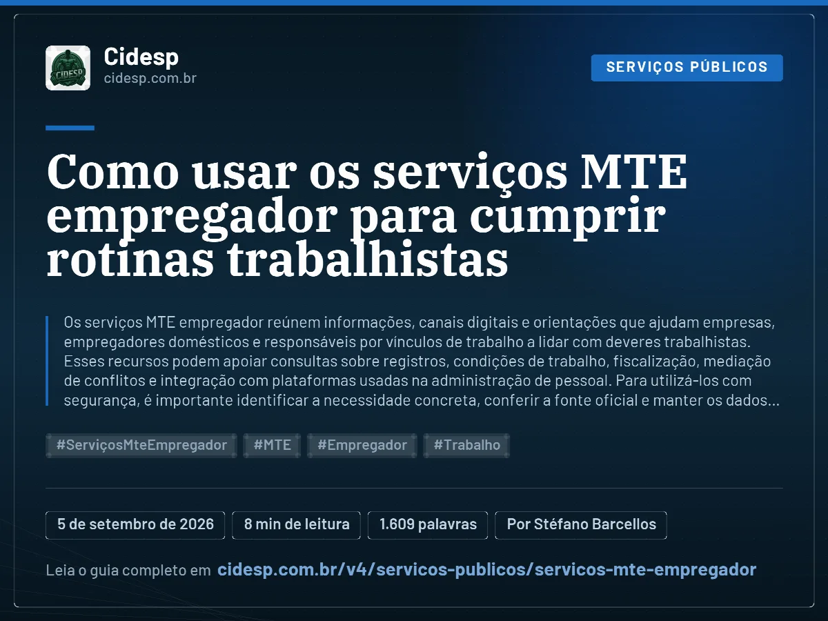Cartão do artigo “Como usar os serviços MTE empregador para cumprir rotinas trabalhistas”, com resumo, data de publicação e endereço da página.