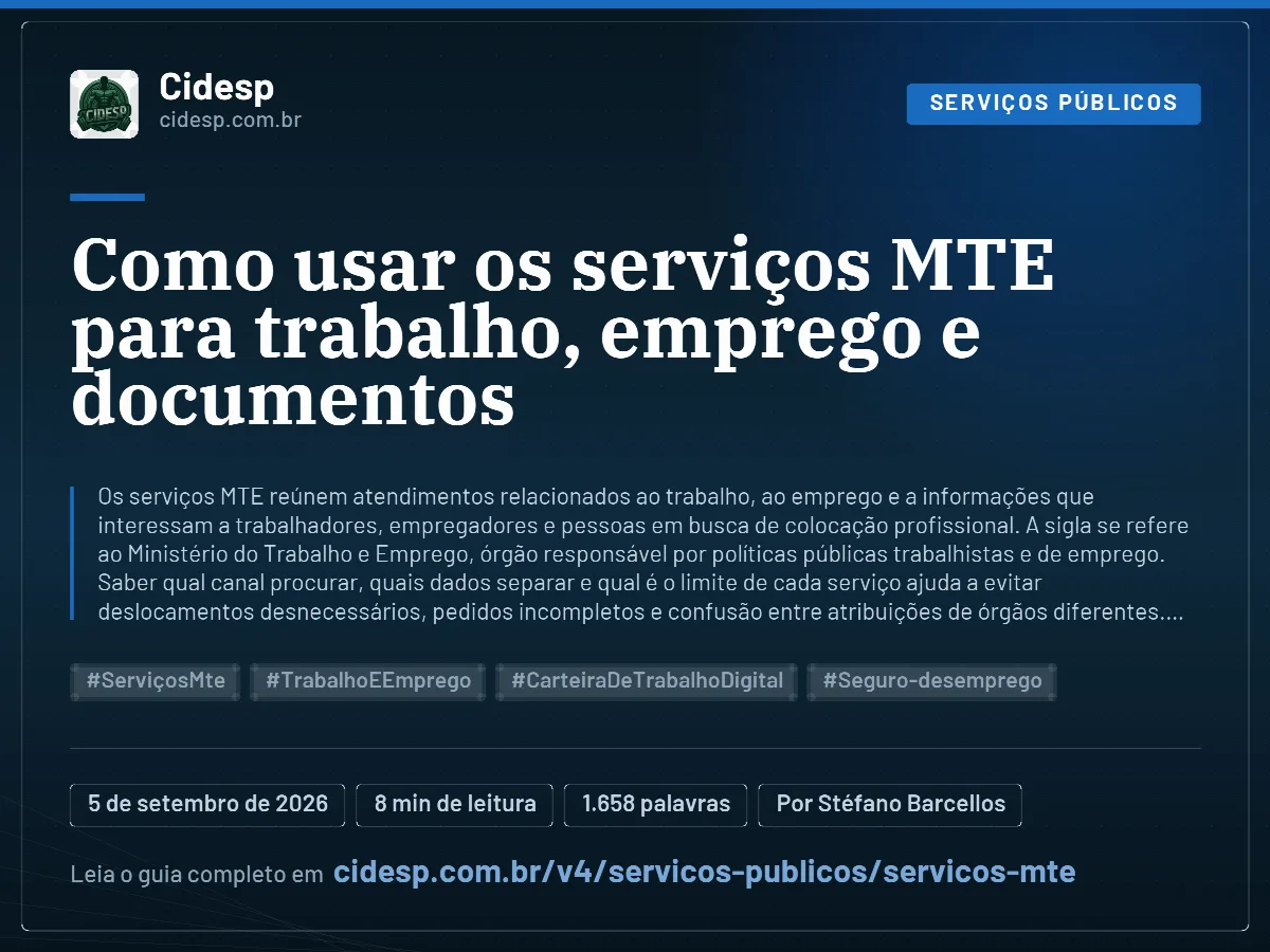Cartão do artigo “Como usar os serviços MTE para trabalho, emprego e documentos”, com resumo, data de publicação e endereço da página.