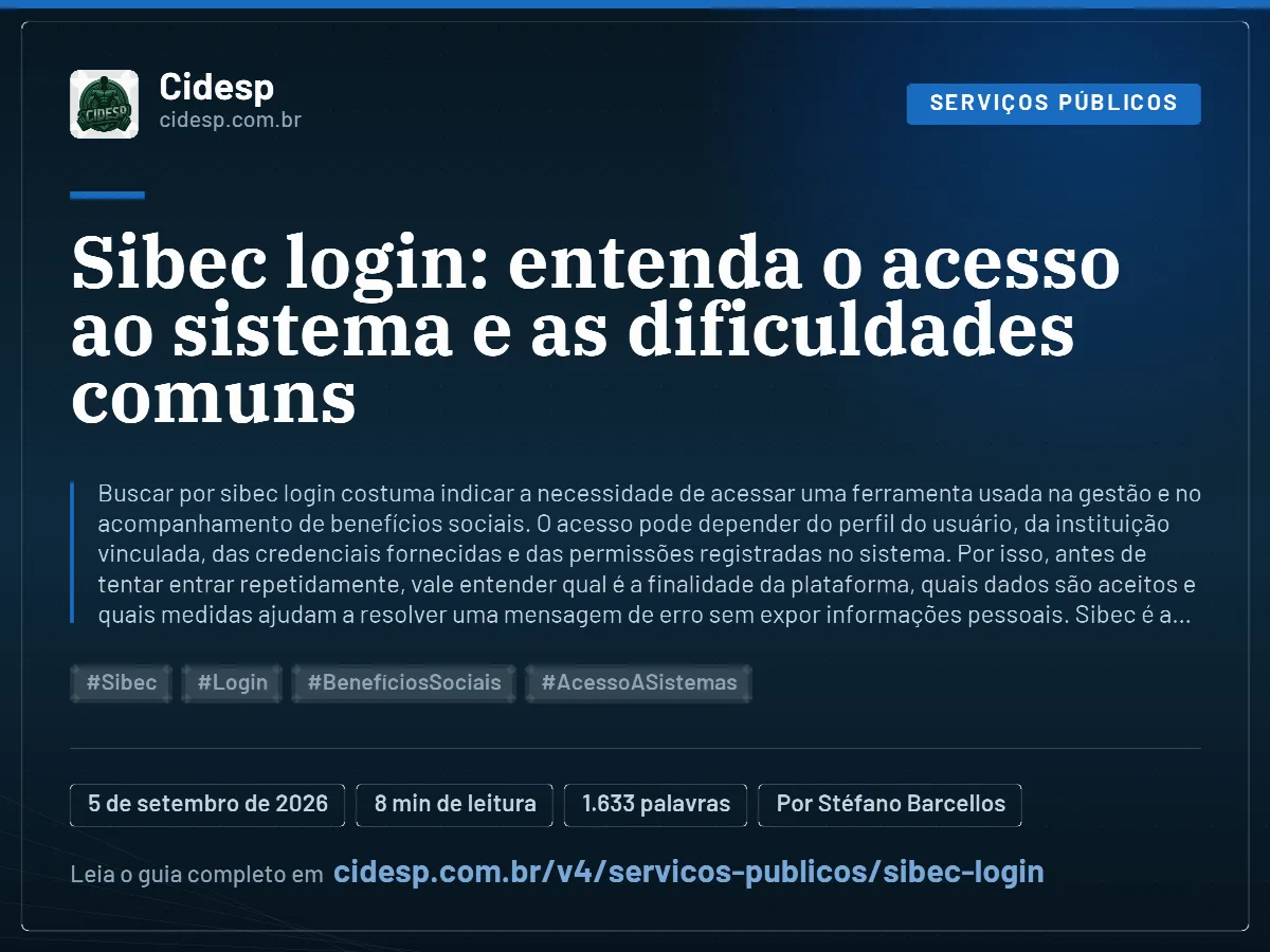 Cartão do artigo “Sibec login: entenda o acesso ao sistema e as dificuldades comuns”, com resumo, data de publicação e endereço da página.