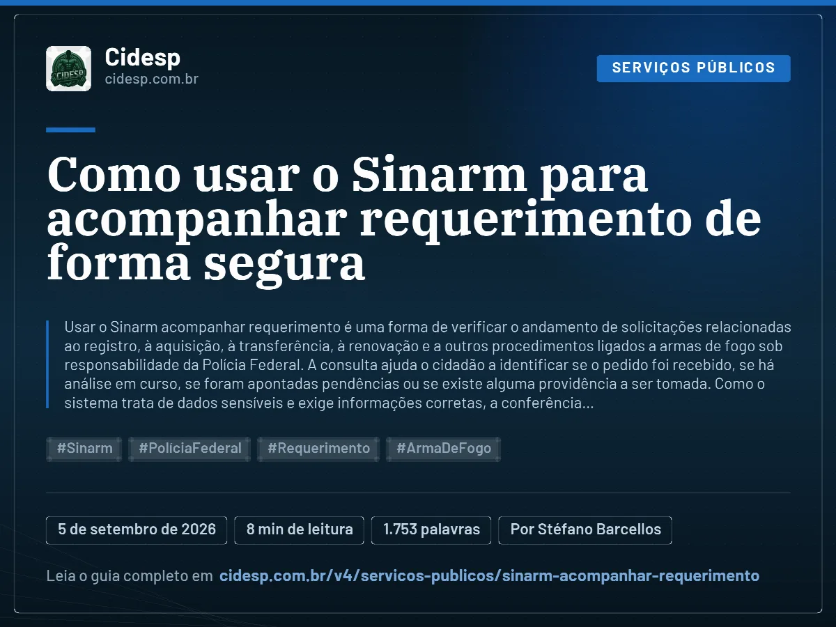 Cartão do artigo “Como usar o Sinarm para acompanhar requerimento de forma segura”, com resumo, data de publicação e endereço da página.