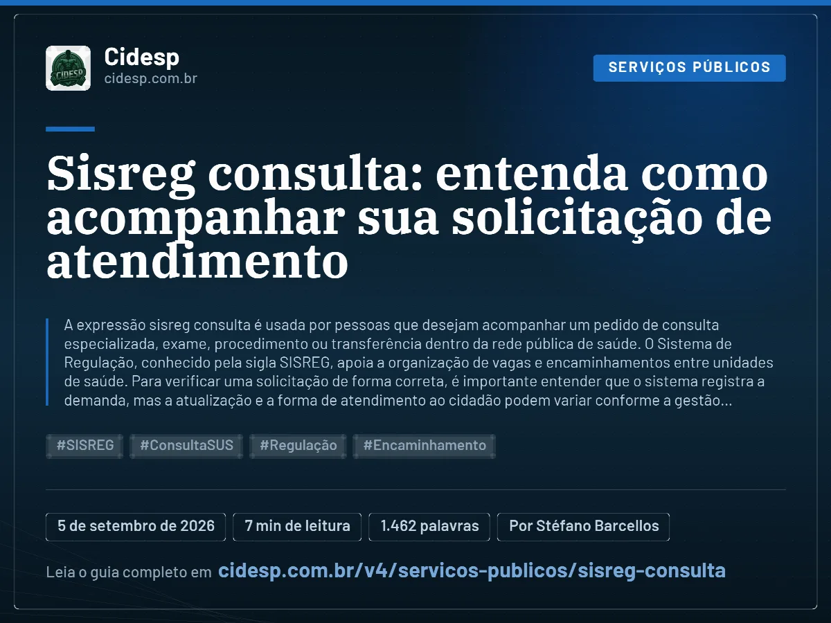Cartão do artigo “Sisreg consulta: entenda como acompanhar sua solicitação de atendimento”, com resumo, data de publicação e endereço da página.