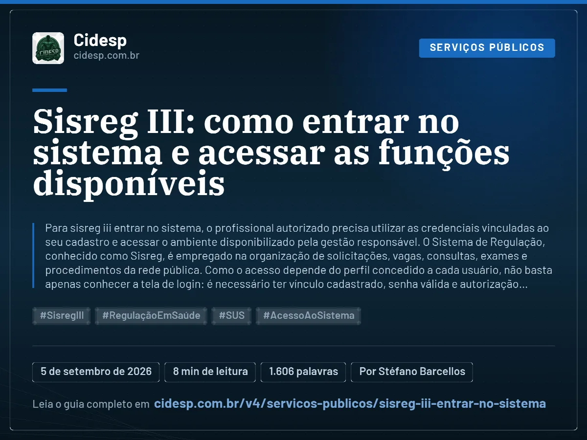 Cartão do artigo “Sisreg III: como entrar no sistema e acessar as funções disponíveis”, com resumo, data de publicação e endereço da página.