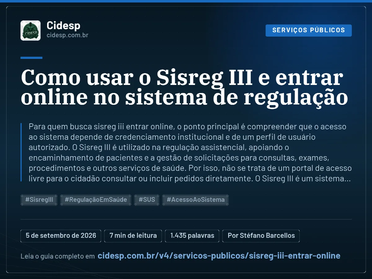 Cartão do artigo “Como usar o Sisreg III e entrar online no sistema de regulação”, com resumo, data de publicação e endereço da página.
