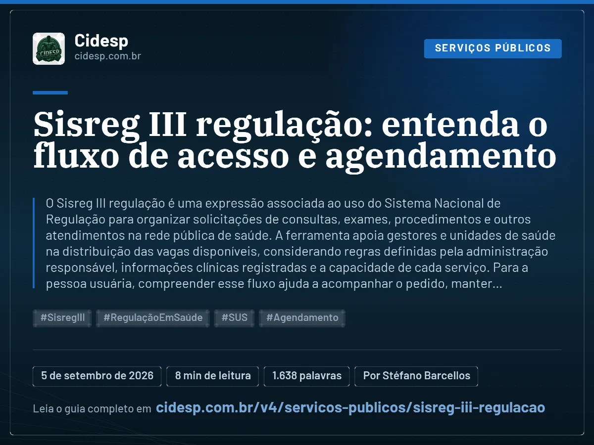 Cartão do artigo “Sisreg III regulação: entenda o fluxo de acesso e agendamento”, com resumo, data de publicação e endereço da página.