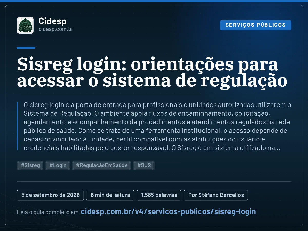 Cartão do artigo “Sisreg login: orientações para acessar o sistema de regulação”, com resumo, data de publicação e endereço da página.