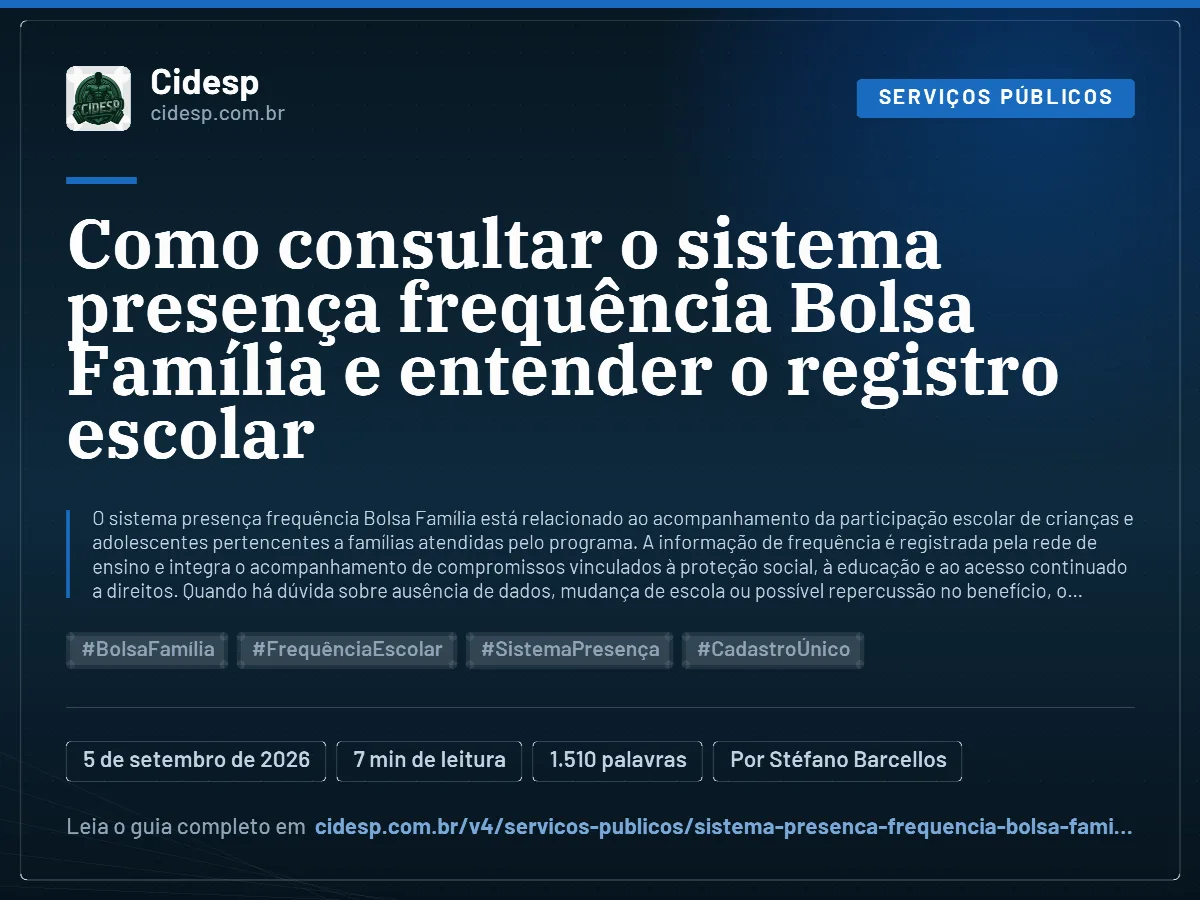 Cartão do artigo “Como consultar o sistema presença frequência Bolsa Família e entender o registro escolar”, com resumo, data de publicação e endereço da página.