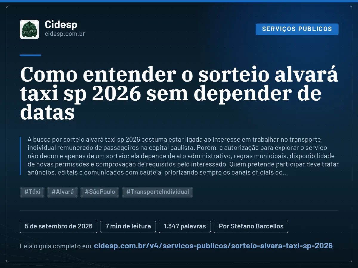 Cartão do artigo “Como entender o sorteio alvará taxi sp 2026 sem depender de datas”, com resumo, data de publicação e endereço da página.
