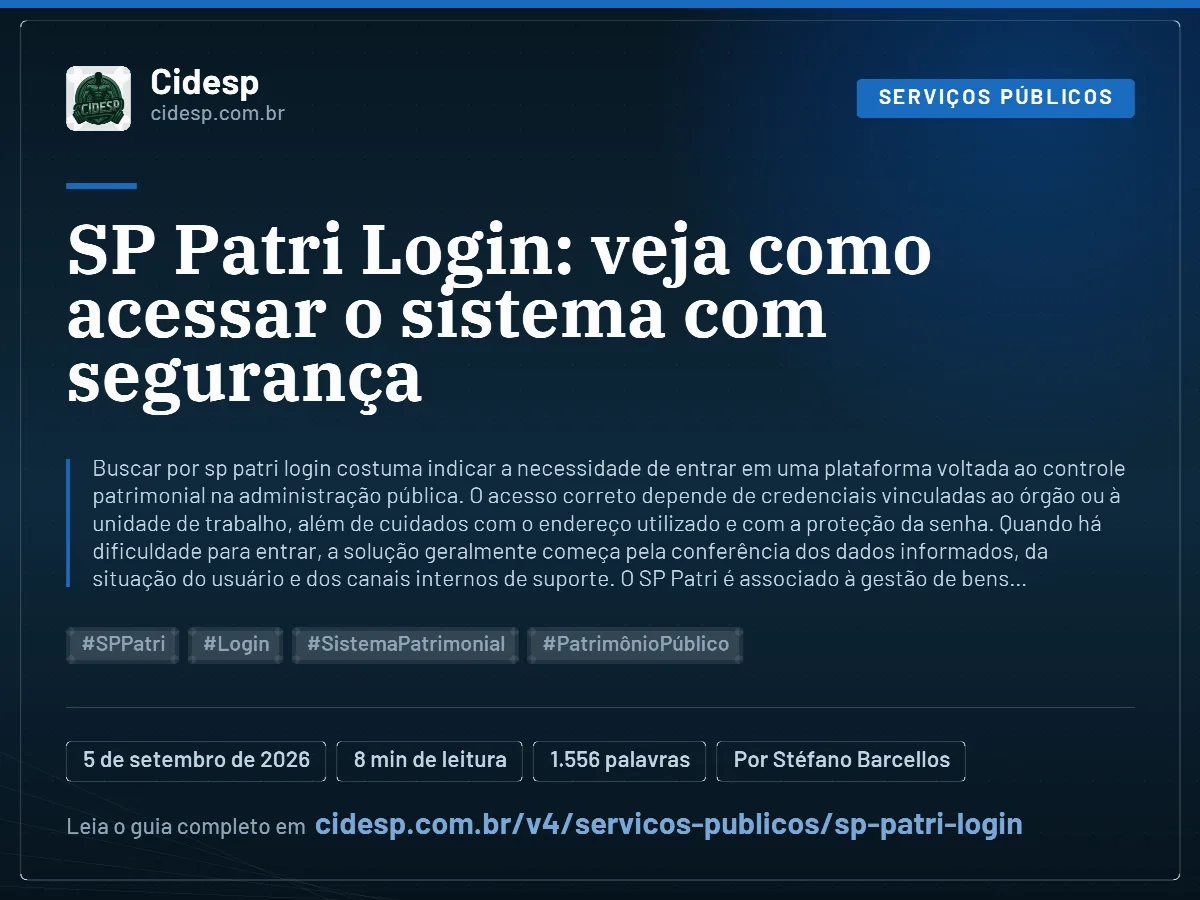 Cartão do artigo “SP Patri Login: veja como acessar o sistema com segurança”, com resumo, data de publicação e endereço da página.