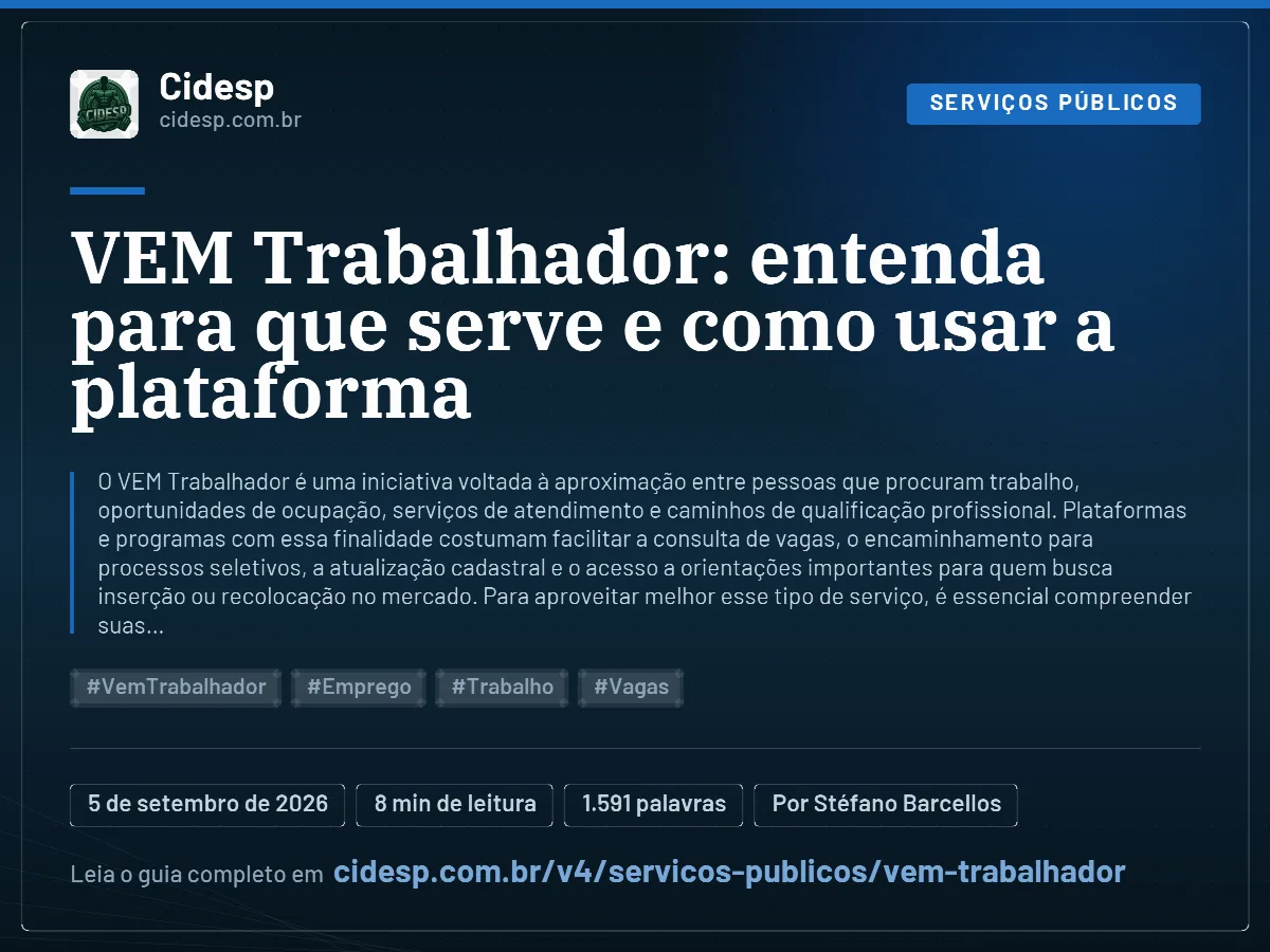 Cartão do artigo “VEM Trabalhador: entenda para que serve e como usar a plataforma”, com resumo, data de publicação e endereço da página.