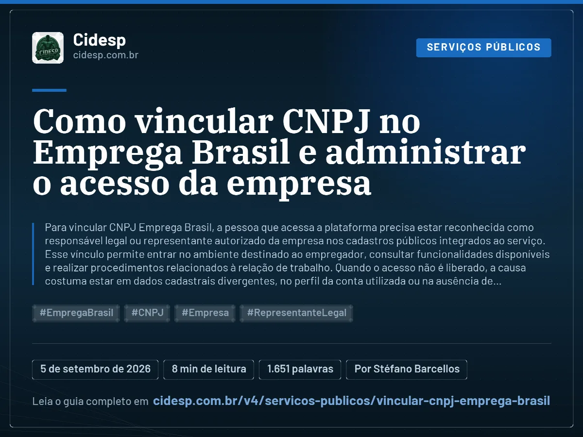 Cartão do artigo “Como vincular CNPJ no Emprega Brasil e administrar o acesso da empresa”, com resumo, data de publicação e endereço da página.