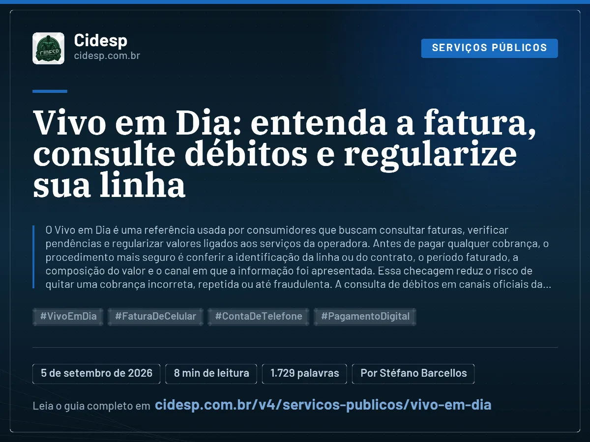 Cartão do artigo “Vivo em Dia: entenda a fatura, consulte débitos e regularize sua linha”, com resumo, data de publicação e endereço da página.