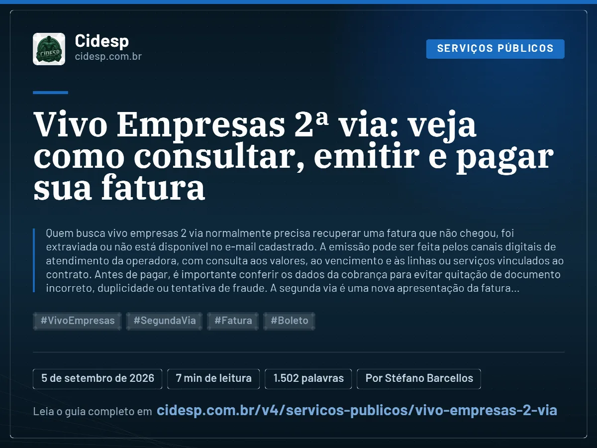 Cartão do artigo “Vivo Empresas 2ª via: veja como consultar, emitir e pagar sua fatura”, com resumo, data de publicação e endereço da página.