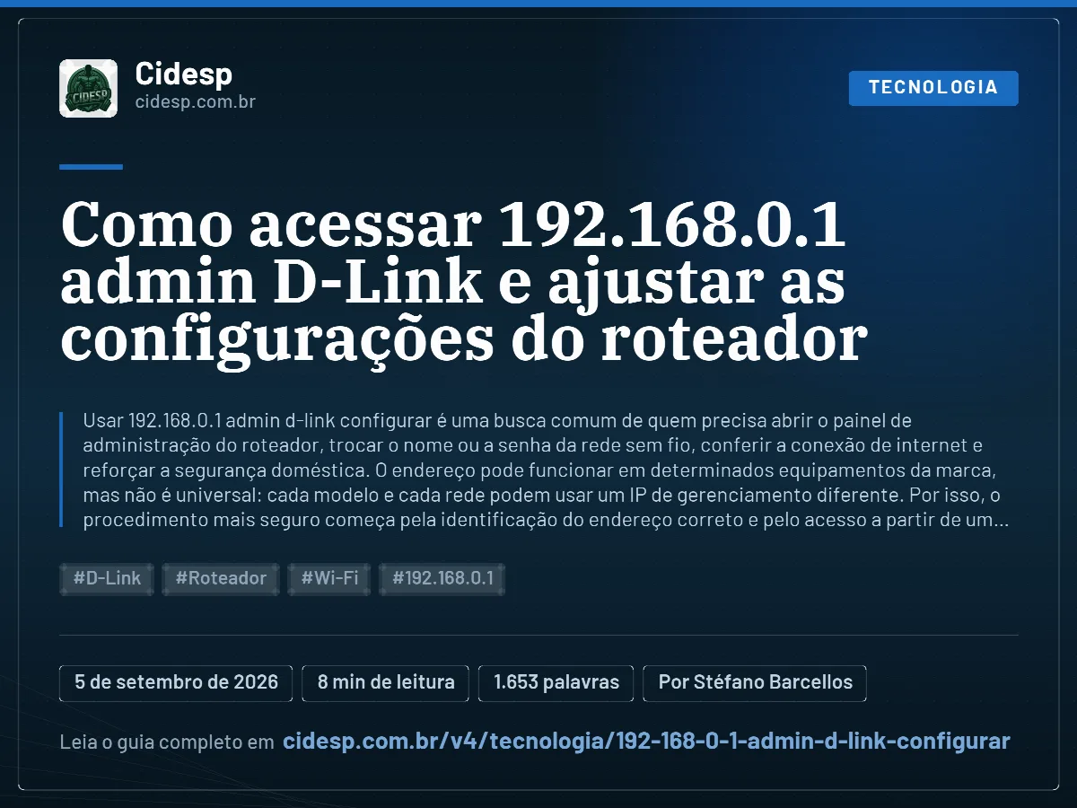 Cartão do artigo “Como acessar 192.168.0.1 admin D-Link e ajustar as configurações do roteador”, com resumo, data de publicação e endereço da página.