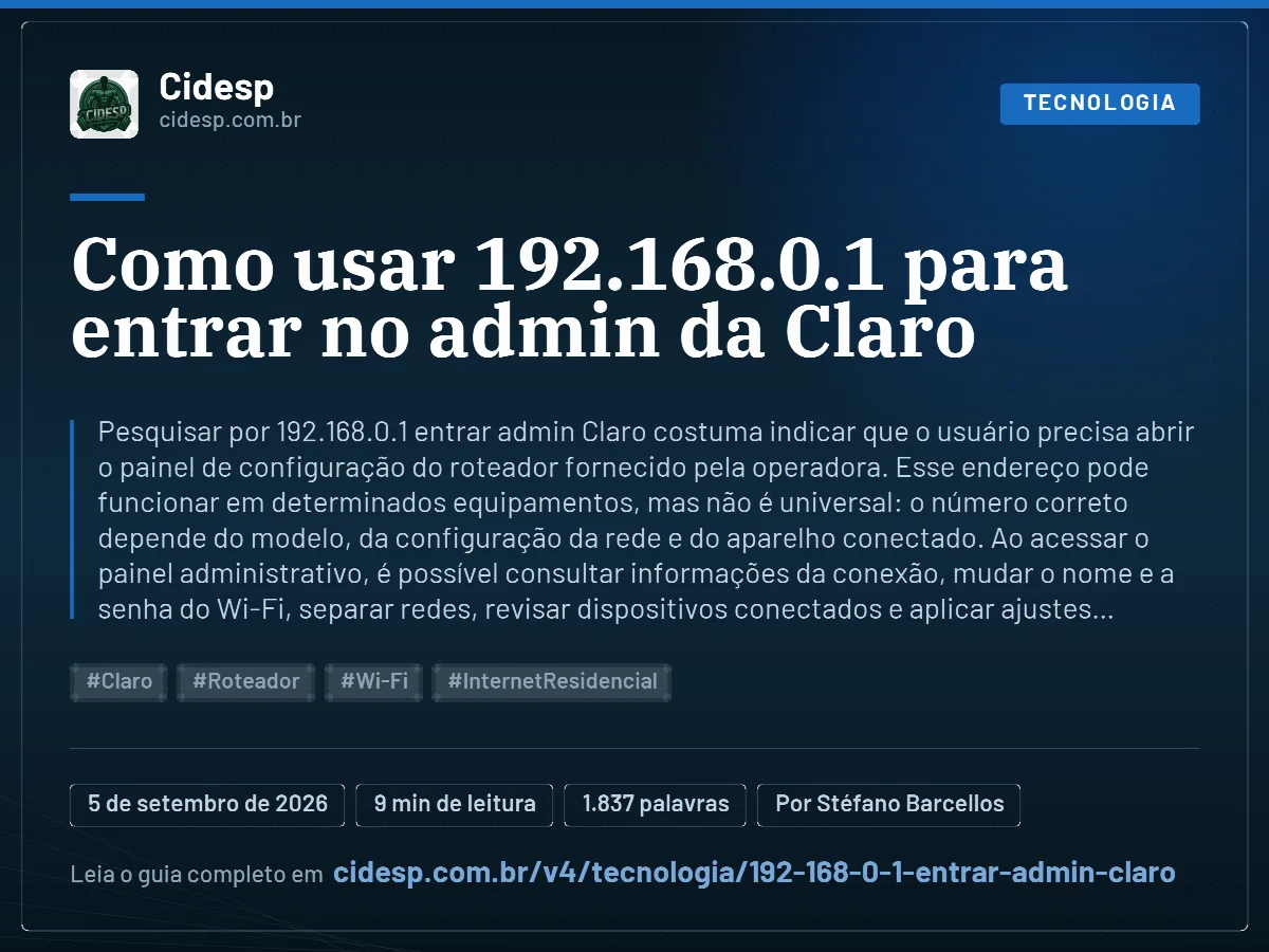 Cartão do artigo “Como usar 192.168.0.1 para entrar no admin da Claro”, com resumo, data de publicação e endereço da página.