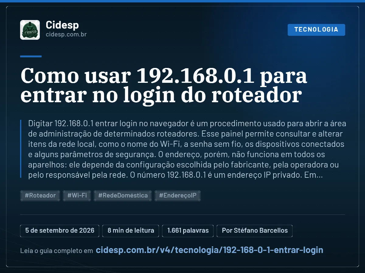 Cartão do artigo “Como usar 192.168.0.1 para entrar no login do roteador”, com resumo, data de publicação e endereço da página.