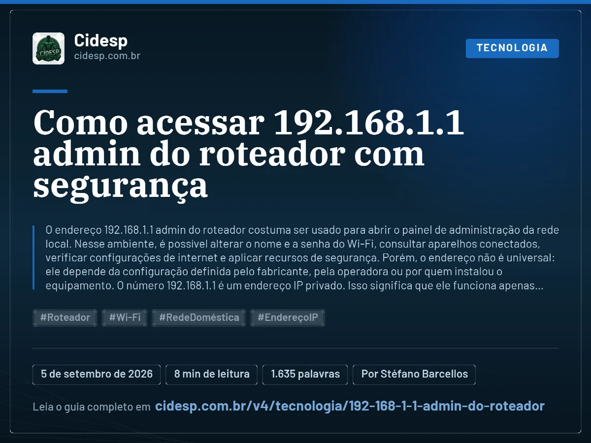 Cartão do artigo “Como acessar 192.168.1.1 admin do roteador com segurança”, com resumo, data de publicação e endereço da página.