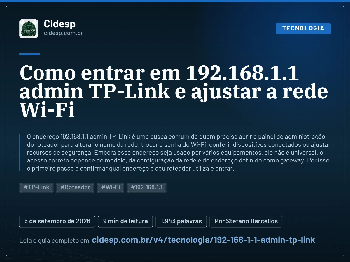 Cartão do artigo “Como entrar em 192.168.1.1 admin TP-Link e ajustar a rede Wi-Fi”, com resumo, data de publicação e endereço da página.