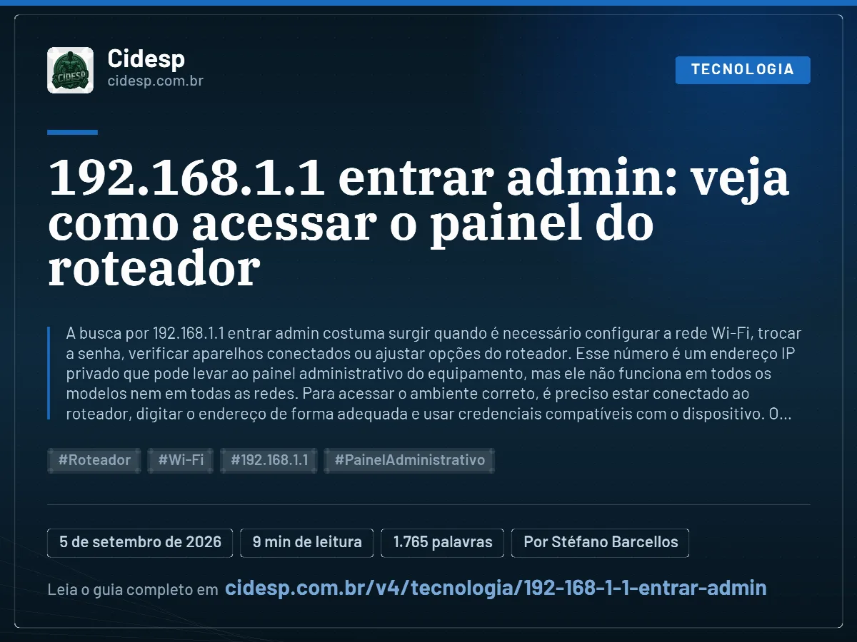 Cartão do artigo “192.168.1.1 entrar admin: veja como acessar o painel do roteador”, com resumo, data de publicação e endereço da página.