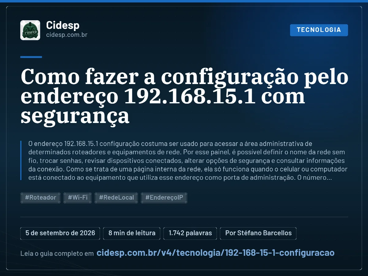 Cartão do artigo “Como fazer a configuração pelo endereço 192.168.15.1 com segurança”, com resumo, data de publicação e endereço da página.