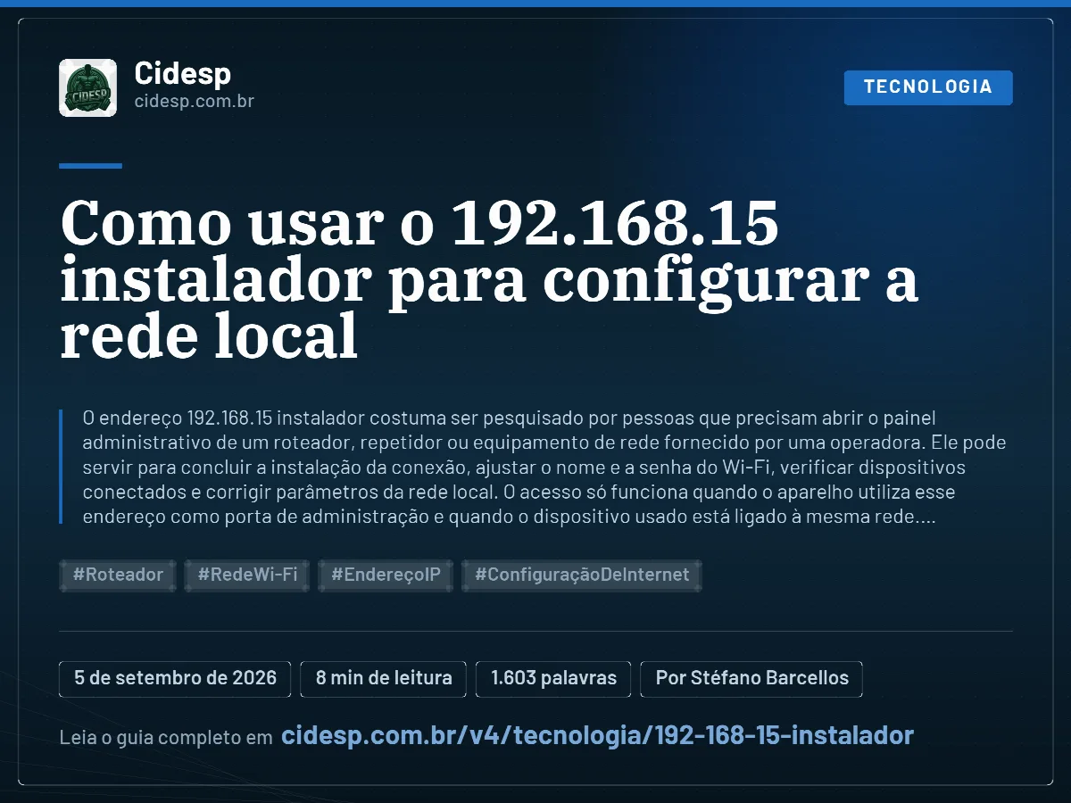 Cartão do artigo “Como usar o 192.168.15 instalador para configurar a rede local”, com resumo, data de publicação e endereço da página.