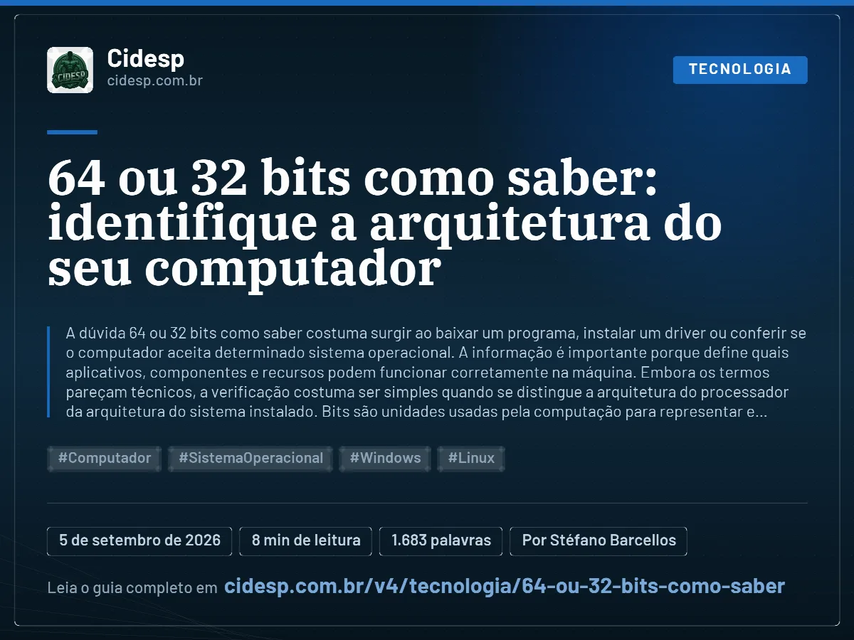 Cartão do artigo “64 ou 32 bits como saber: identifique a arquitetura do seu computador”, com resumo, data de publicação e endereço da página.