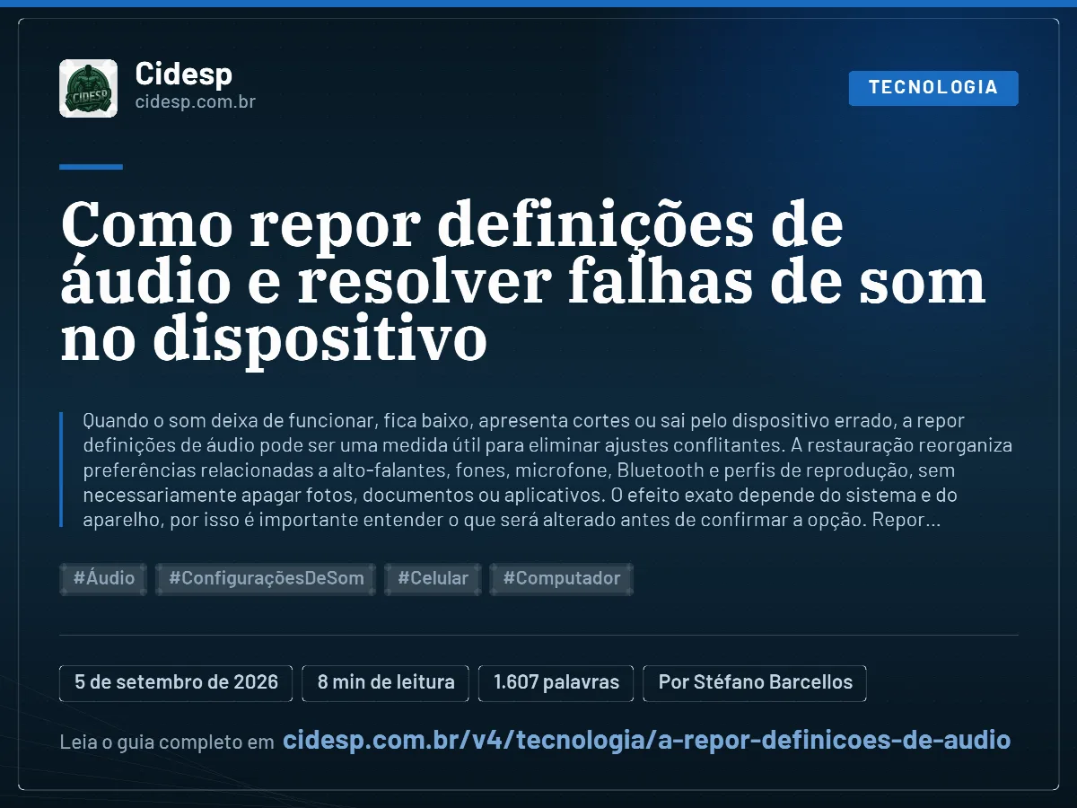 Cartão do artigo “Como repor definições de áudio e resolver falhas de som no dispositivo”, com resumo, data de publicação e endereço da página.