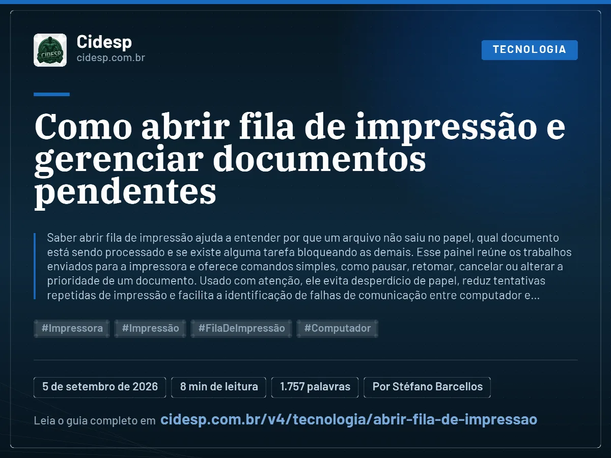 Cartão do artigo “Como abrir fila de impressão e gerenciar documentos pendentes”, com resumo, data de publicação e endereço da página.