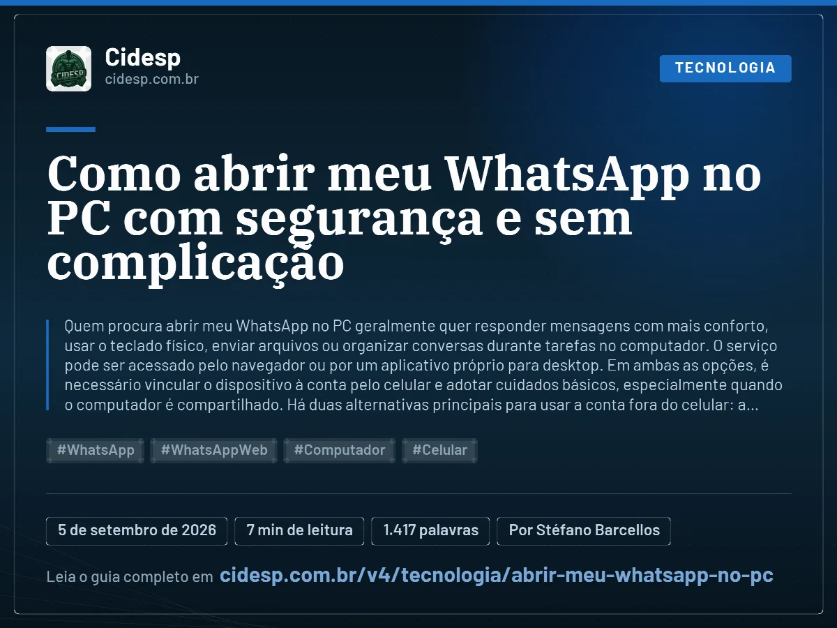 Cartão do artigo “Como abrir meu WhatsApp no PC com segurança e sem complicação”, com resumo, data de publicação e endereço da página.