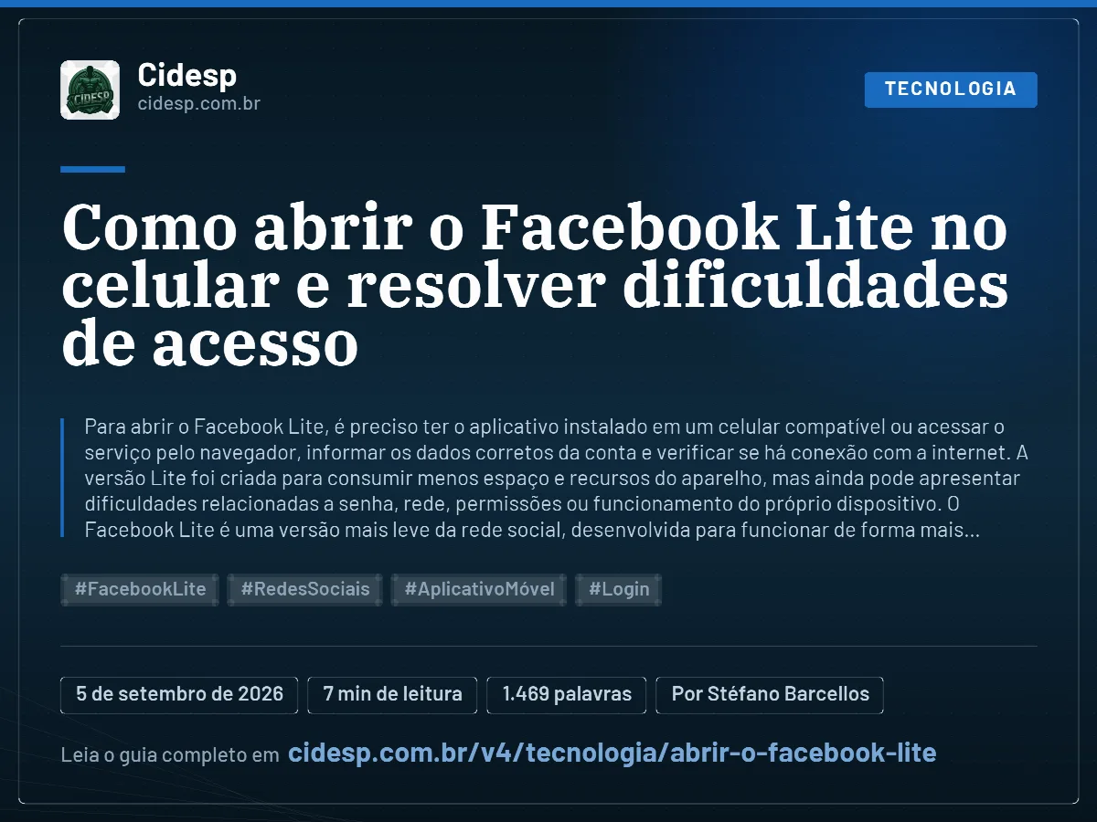 Cartão do artigo “Como abrir o Facebook Lite no celular e resolver dificuldades de acesso”, com resumo, data de publicação e endereço da página.