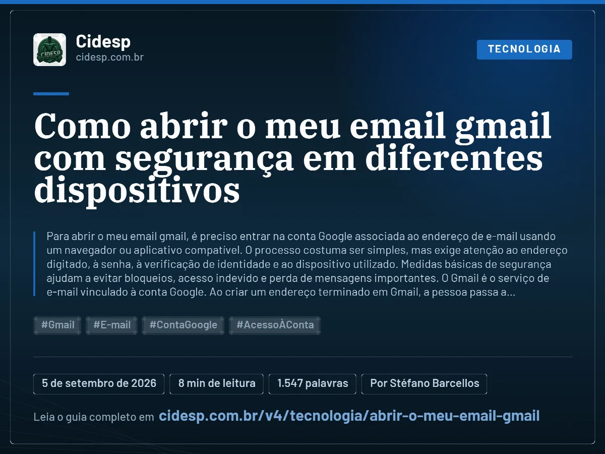Cartão do artigo “Como abrir o meu email gmail com segurança em diferentes dispositivos”, com resumo, data de publicação e endereço da página.