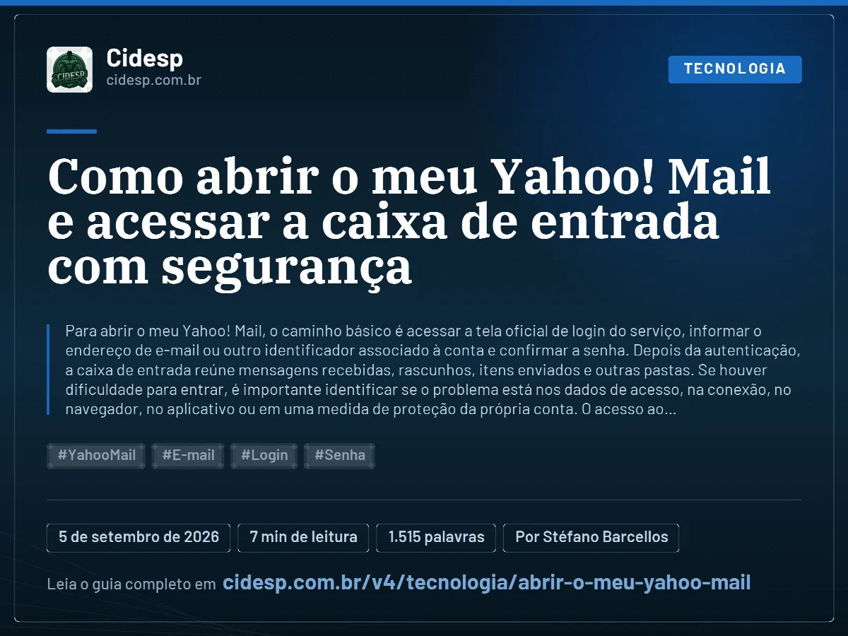 Cartão do artigo “Como abrir o meu Yahoo! Mail e acessar a caixa de entrada com segurança”, com resumo, data de publicação e endereço da página.