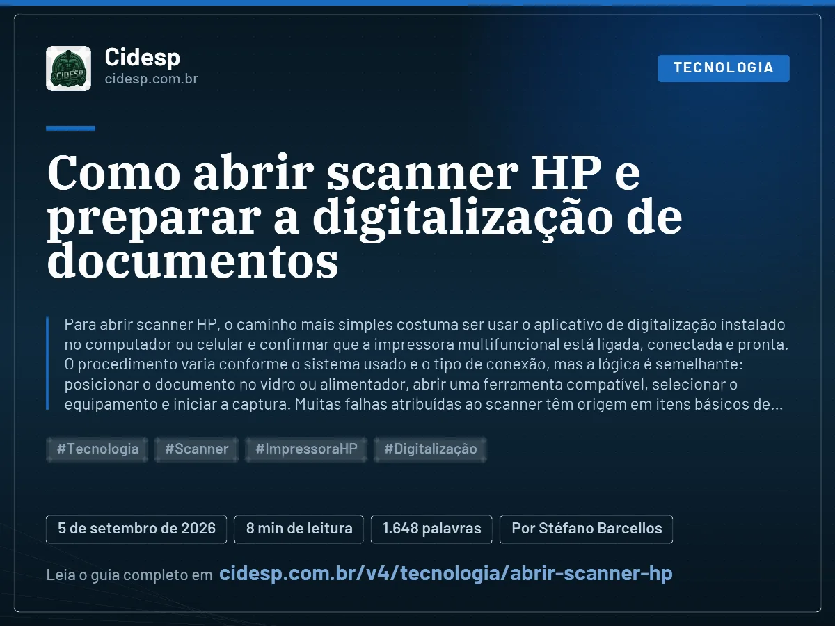 Cartão do artigo “Como abrir scanner HP e preparar a digitalização de documentos”, com resumo, data de publicação e endereço da página.