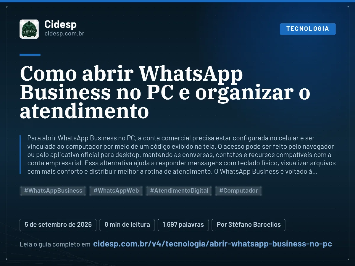 Cartão do artigo “Como abrir WhatsApp Business no PC e organizar o atendimento”, com resumo, data de publicação e endereço da página.