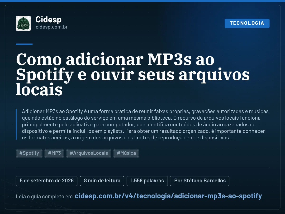 Cartão do artigo “Como adicionar MP3s ao Spotify e ouvir seus arquivos locais”, com resumo, data de publicação e endereço da página.