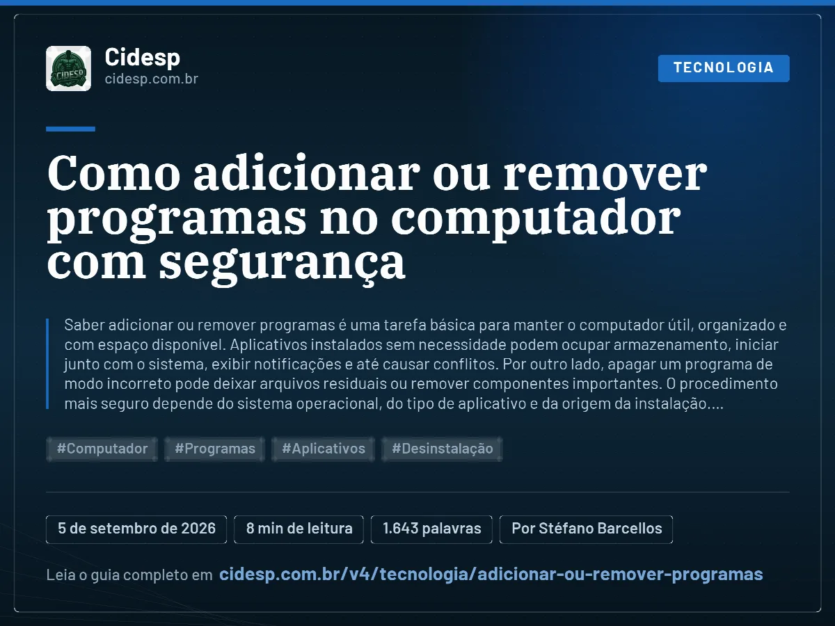 Cartão do artigo “Como adicionar ou remover programas no computador com segurança”, com resumo, data de publicação e endereço da página.