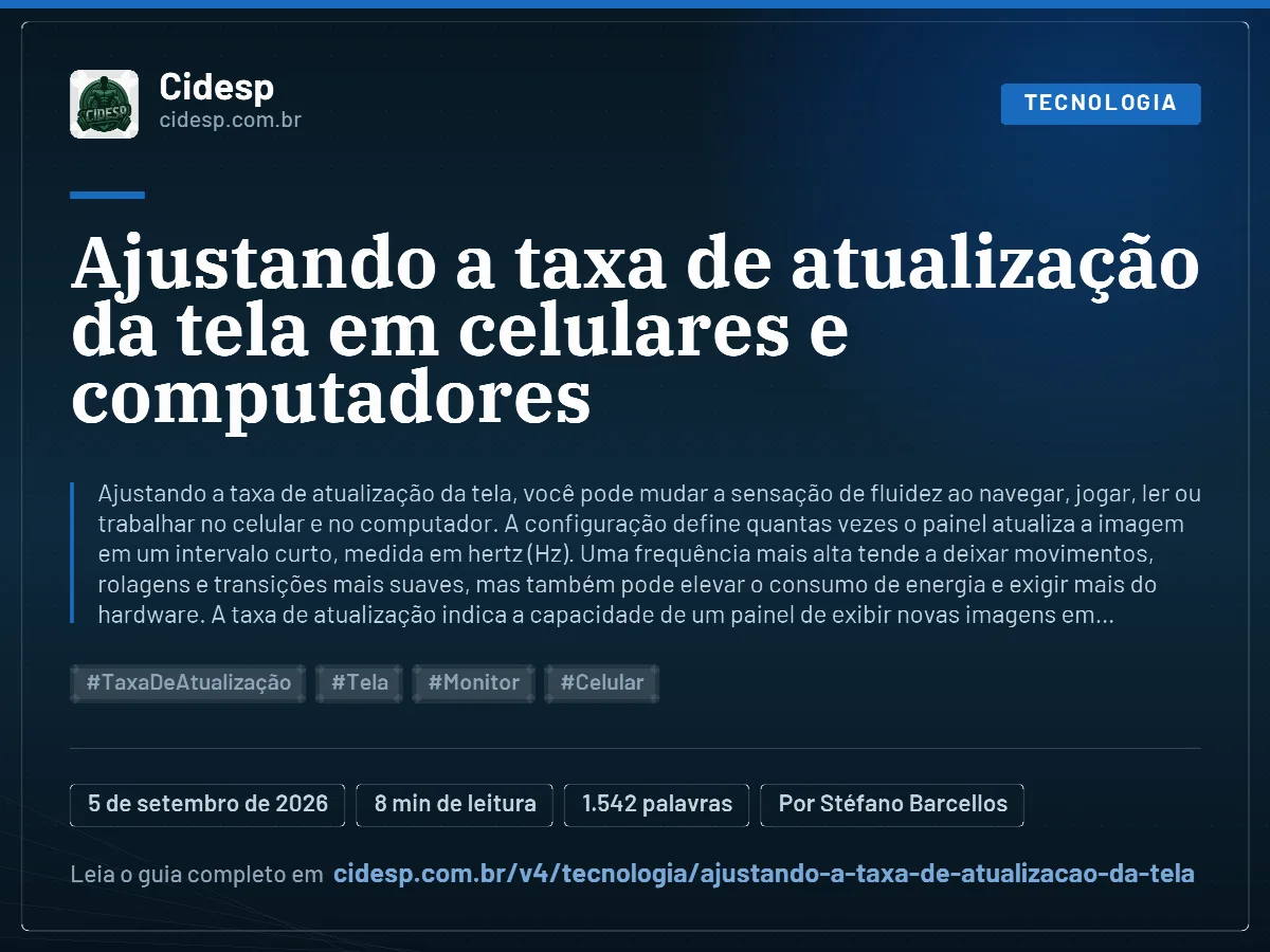 Cartão do artigo “Ajustando a taxa de atualização da tela em celulares e computadores”, com resumo, data de publicação e endereço da página.