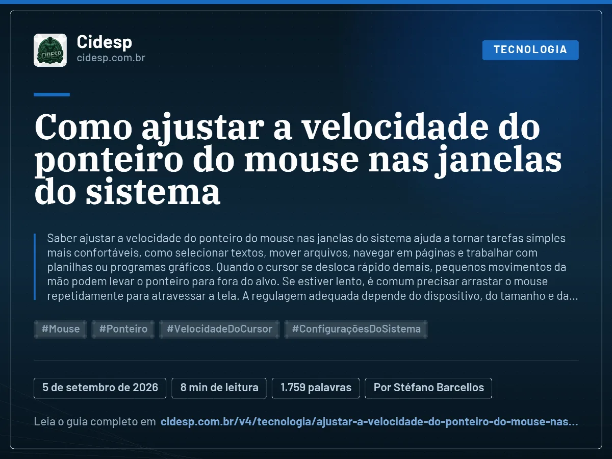 Cartão do artigo “Como ajustar a velocidade do ponteiro do mouse nas janelas do sistema”, com resumo, data de publicação e endereço da página.