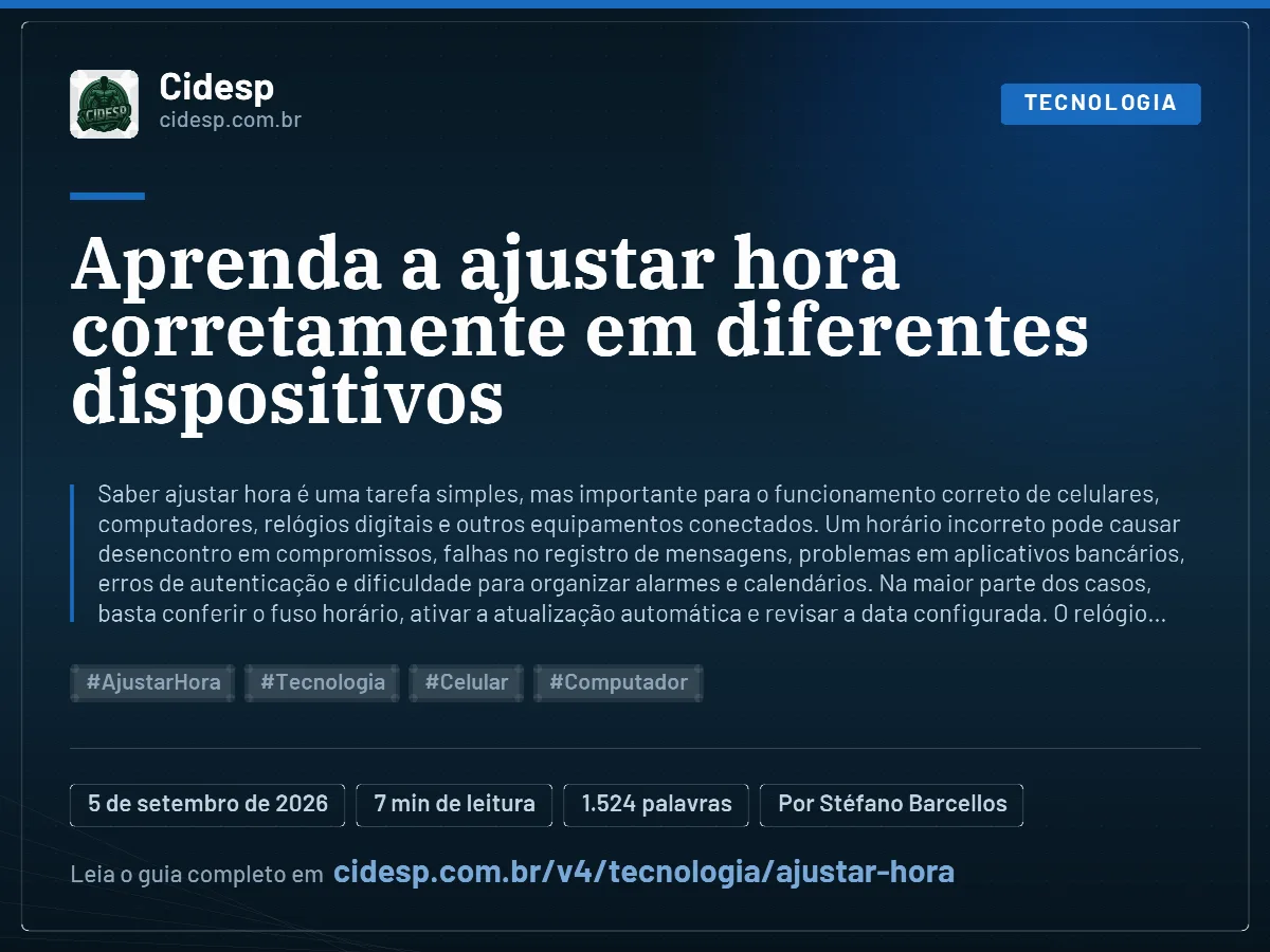 Cartão do artigo “Aprenda a ajustar hora corretamente em diferentes dispositivos”, com resumo, data de publicação e endereço da página.