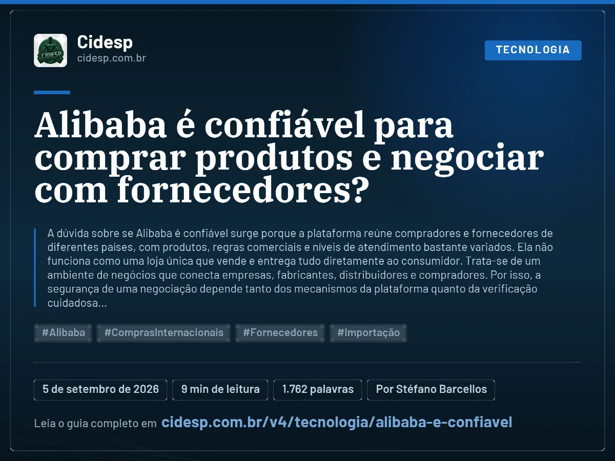 Cartão do artigo “Alibaba é confiável para comprar produtos e negociar com fornecedores?”, com resumo, data de publicação e endereço da página.