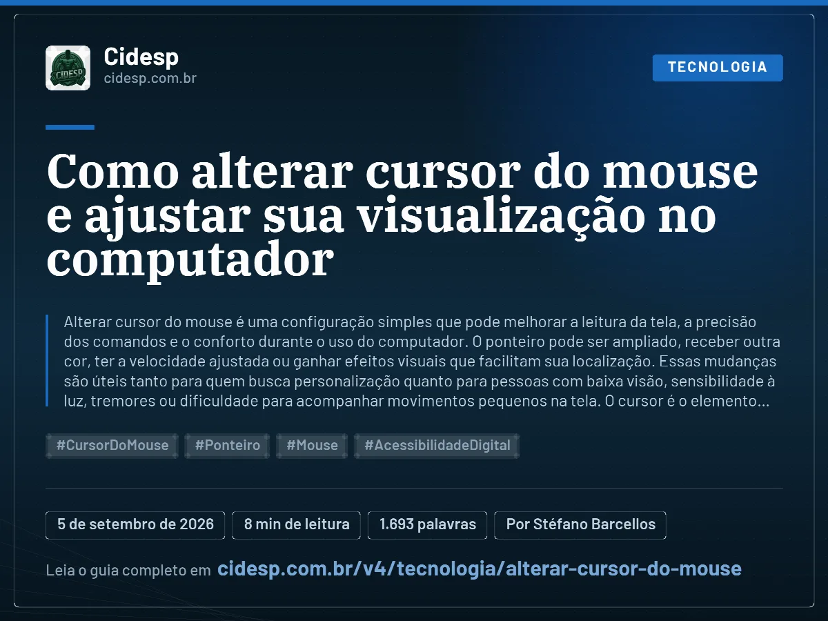 Cartão do artigo “Como alterar cursor do mouse e ajustar sua visualização no computador”, com resumo, data de publicação e endereço da página.