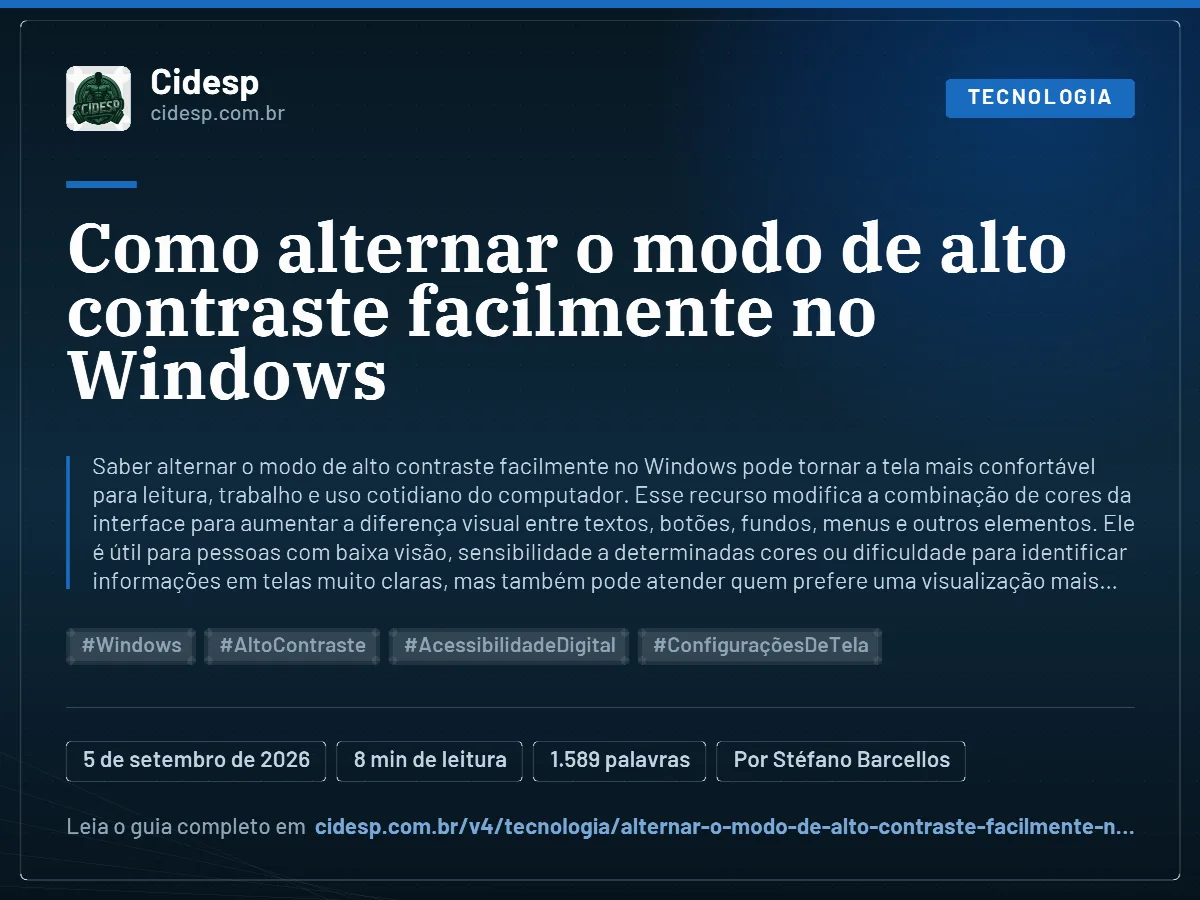 Cartão do artigo “Como alternar o modo de alto contraste facilmente no Windows”, com resumo, data de publicação e endereço da página.