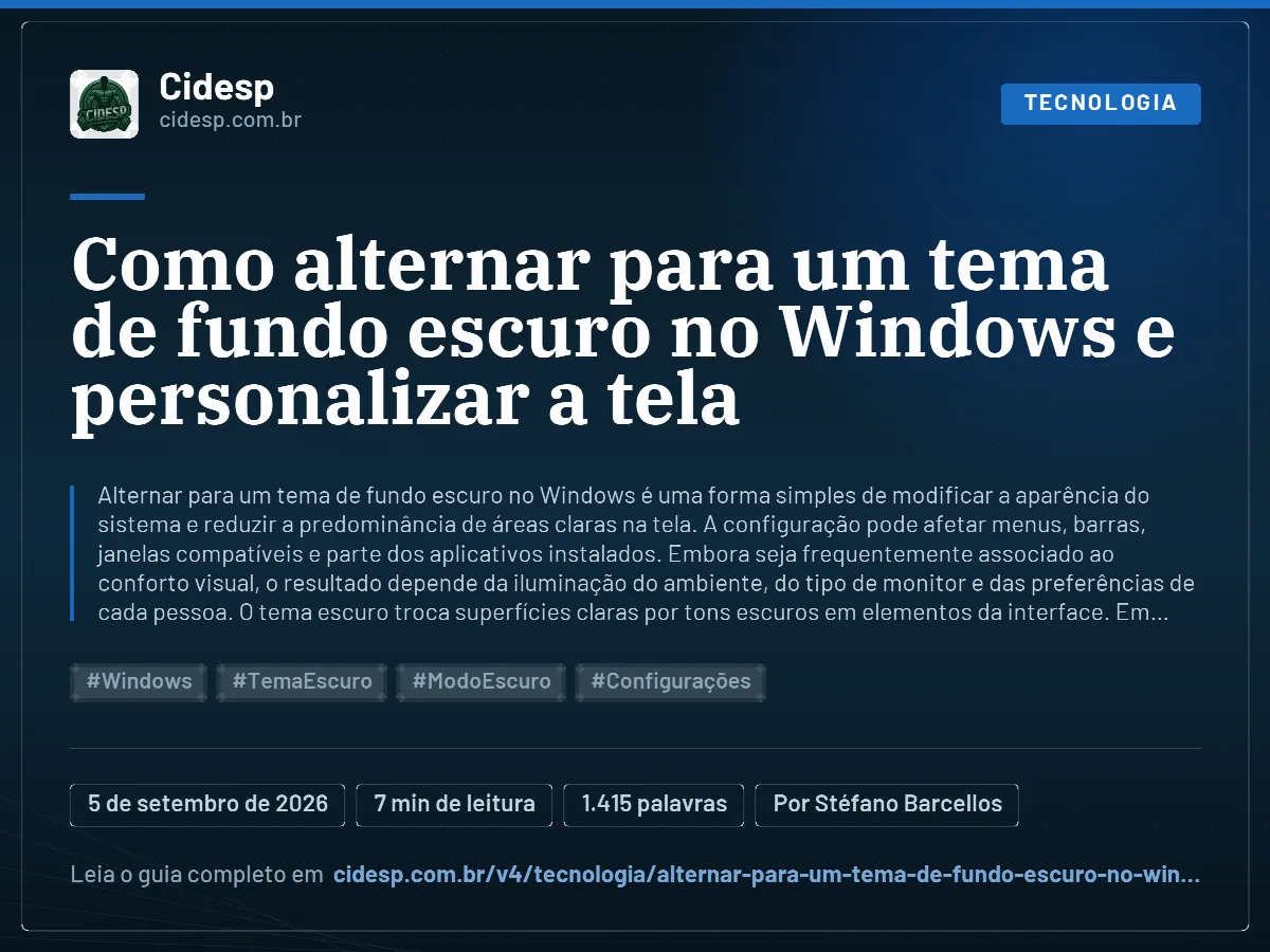 Cartão do artigo “Como alternar para um tema de fundo escuro no Windows e personalizar a tela”, com resumo, data de publicação e endereço da página.