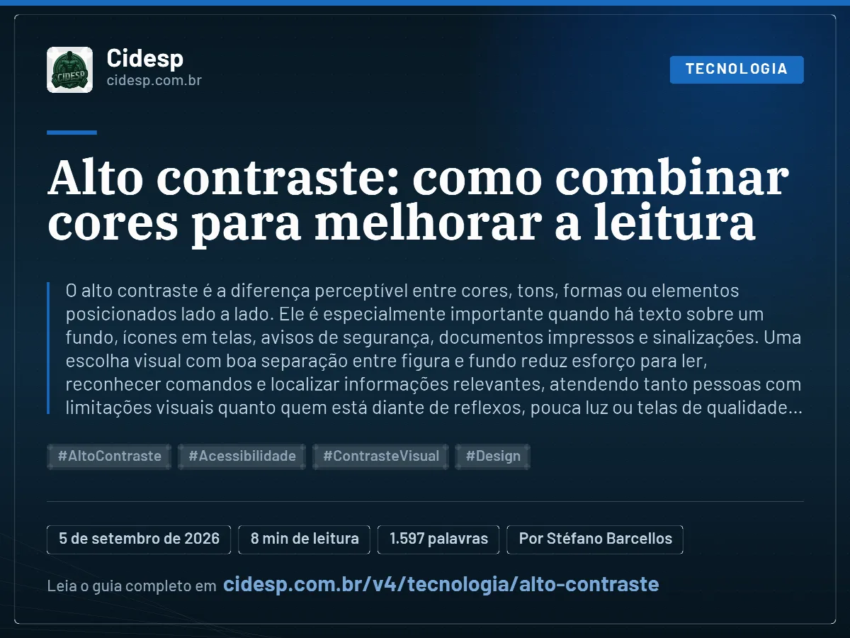 Cartão do artigo “Alto contraste: como combinar cores para melhorar a leitura”, com resumo, data de publicação e endereço da página.