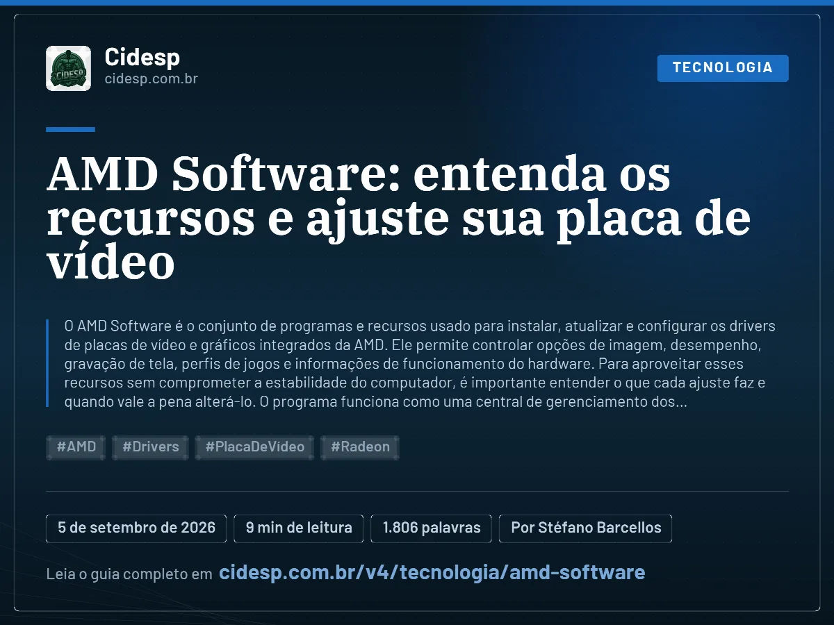 Cartão do artigo “AMD Software: entenda os recursos e ajuste sua placa de vídeo”, com resumo, data de publicação e endereço da página.