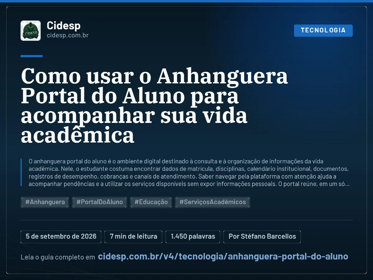 Cartão do artigo “Como usar o Anhanguera Portal do Aluno para acompanhar sua vida acadêmica”, com resumo, data de publicação e endereço da página.
