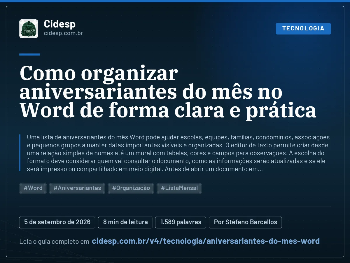 Cartão do artigo “Como organizar aniversariantes do mês no Word de forma clara e prática”, com resumo, data de publicação e endereço da página.