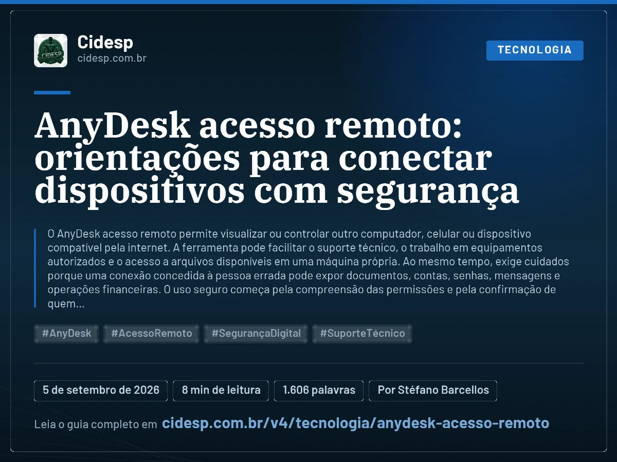 Cartão do artigo “AnyDesk acesso remoto: orientações para conectar dispositivos com segurança”, com resumo, data de publicação e endereço da página.