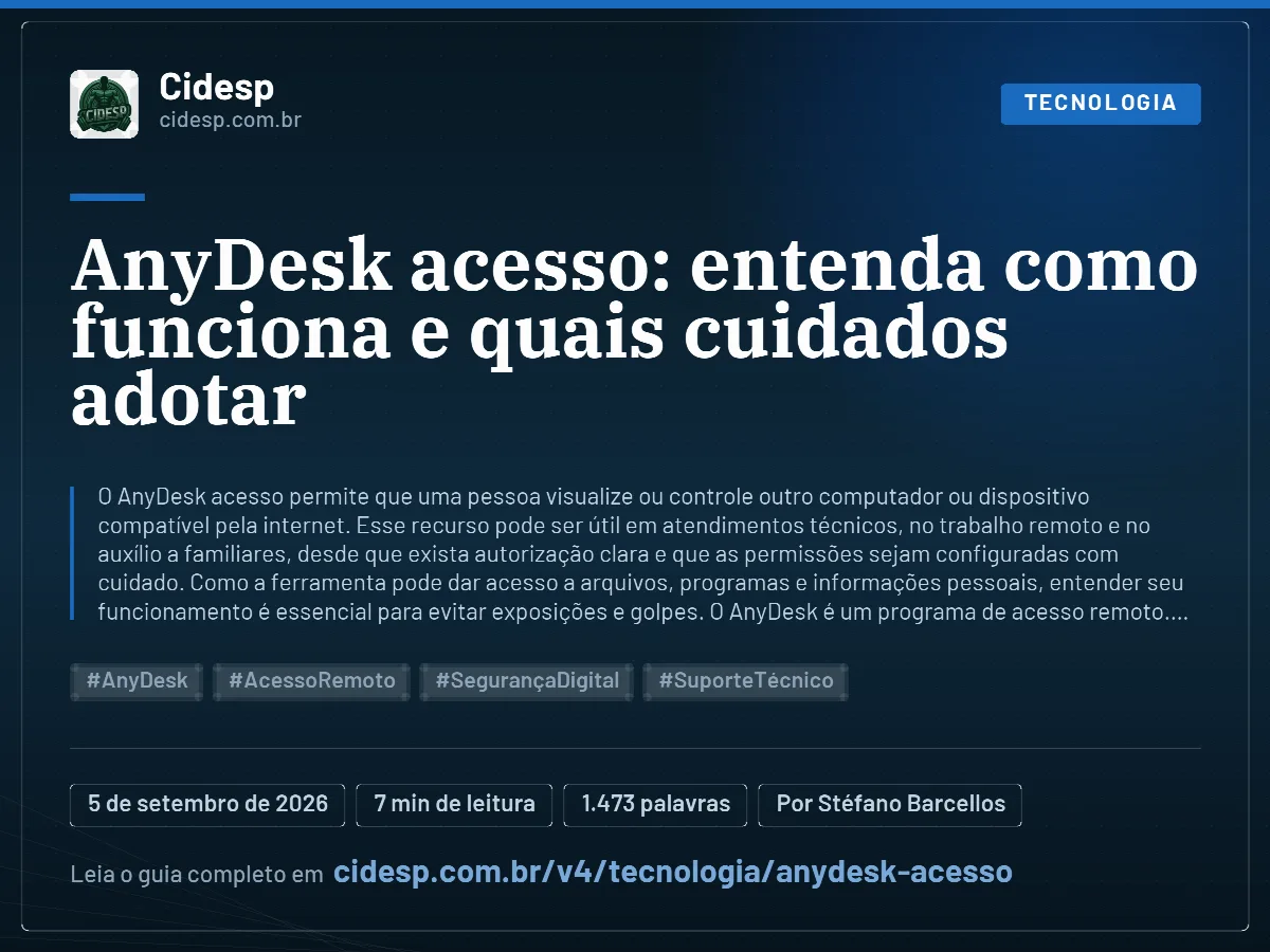 Cartão do artigo “AnyDesk acesso: entenda como funciona e quais cuidados adotar”, com resumo, data de publicação e endereço da página.