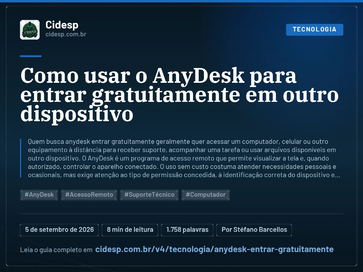 Cartão do artigo “Como usar o AnyDesk para entrar gratuitamente em outro dispositivo”, com resumo, data de publicação e endereço da página.